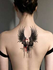 1pc Temporary Body Art Tattoo Sticker, Black Tattoo, Wings, Figure, Sword, English Pattern Paper Tattoo Sticker, Easy To Apply And Remove, Very Realistic, Suitable For Men Or Women Chest, Legs, Arms, Waist, Abdomen, Feet Tattoo Sticker Music Festival Party Supplies, Multi-Functional Body Art Fake Tattoo For Men And Women, Scar Coverage - Black - View 3