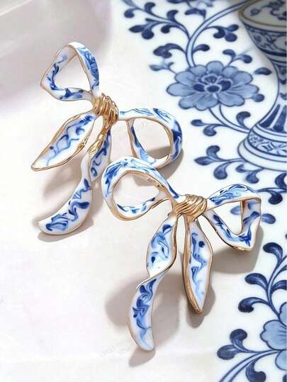 2 piezas/Set Pendientes de lazo de porcelana azul & blanca con pintura al óleo vintage y esmalte goteado, pendientes de cinta de esmalte de moda, para mujer