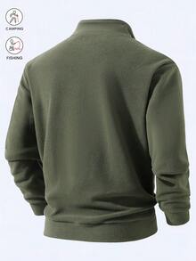 男士抓絨外套，厚款套頭運動衫，多口袋拉鍊設計，純色戶外休閒運動上衣，冬季加厚運動上衣，秋季 - 軍綠色 - 查看 2
