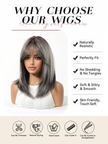 Topshe Ava WIGS 18英吋黑棕色長層次瀏海假髮，柔軟易打理合成纖維髮，適合女性日常配戴、上班、度假，亦適合作為萬聖節、聖誕節女性禮物 - 灰色 - 查看 8