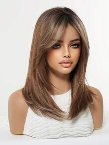 Topshe Ava WIGS 18英吋黑棕色長層次假髮附瀏海，柔軟易造型合成纖維髮，適合女性日常配戴、上班、度假，亦適合作為萬聖節、聖誕節女性禮物 - 摩卡棕 - 查看 3