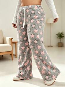 Calça Longa Feminina Plus Size de Flanela Grossa com Estampa de Estrelas Rosa, Cintura com Cordão, Perna Larga, Casual Esportiva, Calça de Descanso para Outono/Inverno - Cinza - Visão 4