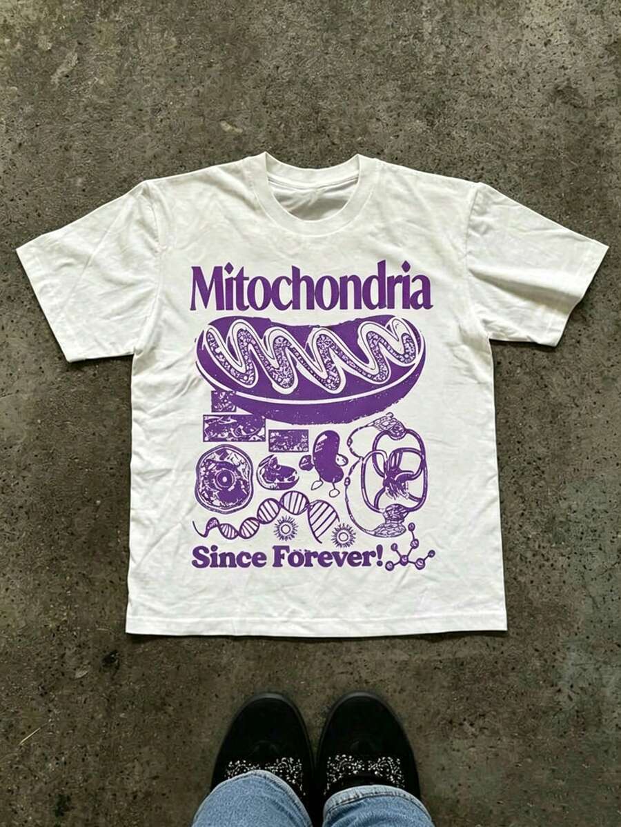 Women's Festival Tee: Mitochondria Graphic & Cell DNA Illustration, Blue Text, White Unisex Science Summer T-Shirt - 白色6 - 查看 1