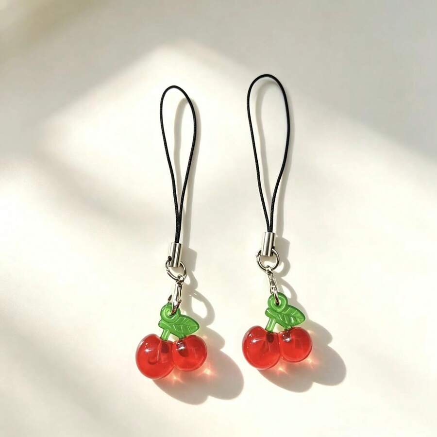 2 buah Gantungan Ponsel Liontin Cherry Transparan - Merah - View 1
