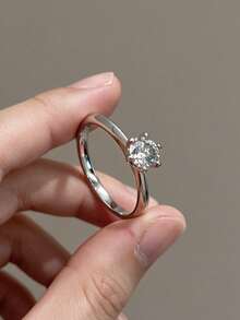 HALPIO 1件 1克拉莫桑鑽單鑽戒指,銅製承諾訂婚戒指,經典6.5mm圓形莫桑鑽婚戒,理想的週年紀念珠寶禮物 - CU-MS-RSO-040 - 查看 4