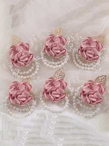 1PC/6PCS Elegant Navy Blue Rose Korean Style Silver Leaf Beaded Elastic Pearl Wrist Decor Flower - Navy Blue - View 15