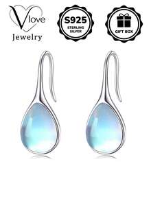 1pc Cool Blue Light Teardrop Synthetic Moonstone S925 Sterling Silver Earrings, Perfect For Daily Wear And Anniversary Gift, Comes With Gift Box. - Silver - View 2