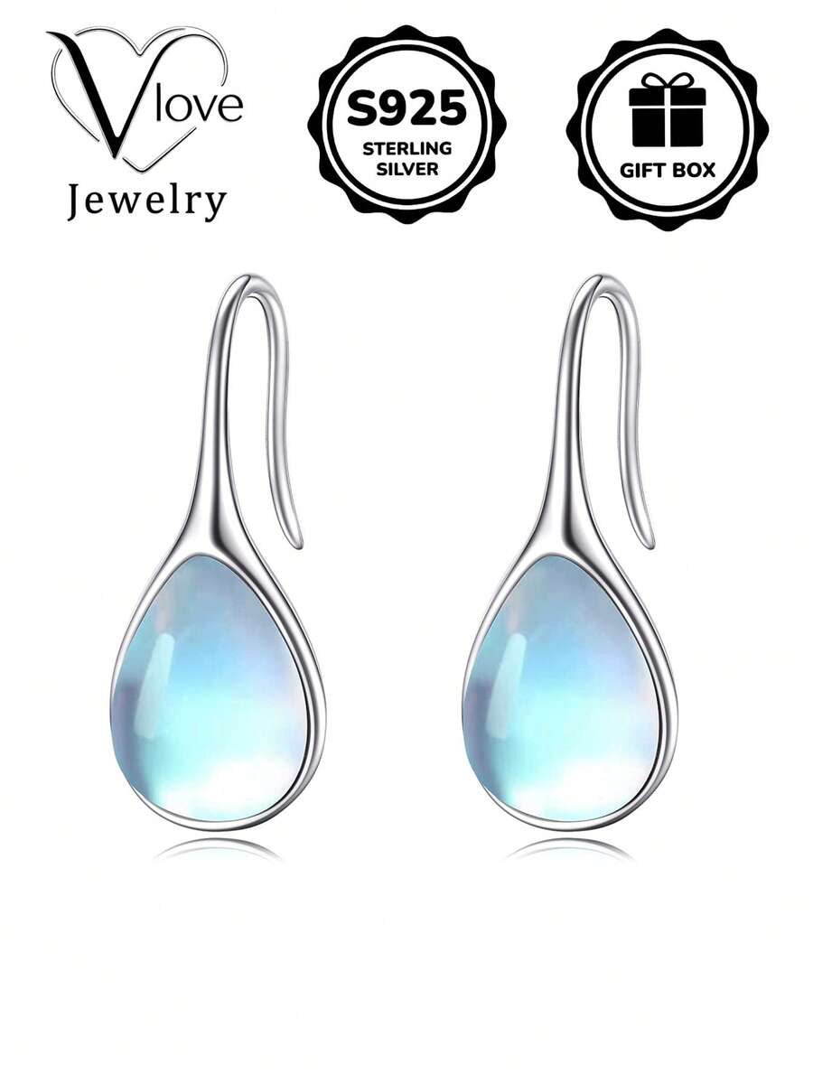 1pc Cool Blue Light Teardrop Synthetic Moonstone S925 Sterling Silver Earrings, Perfect For Daily Wear And Anniversary Gift, Comes With Gift Box.