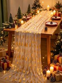 1pc Gold Christmas Tree Pattern Table Runner, Christmas Mesh Table Runner, Christmas Table Decoration, Home Decor, Kitchen Decor, Christmas Tablecloth Decoration, Christmas Party Supplies, Christmas Decoration Supplies, Christmas Baby Shower Decoration - Christmas Tree - View 9
