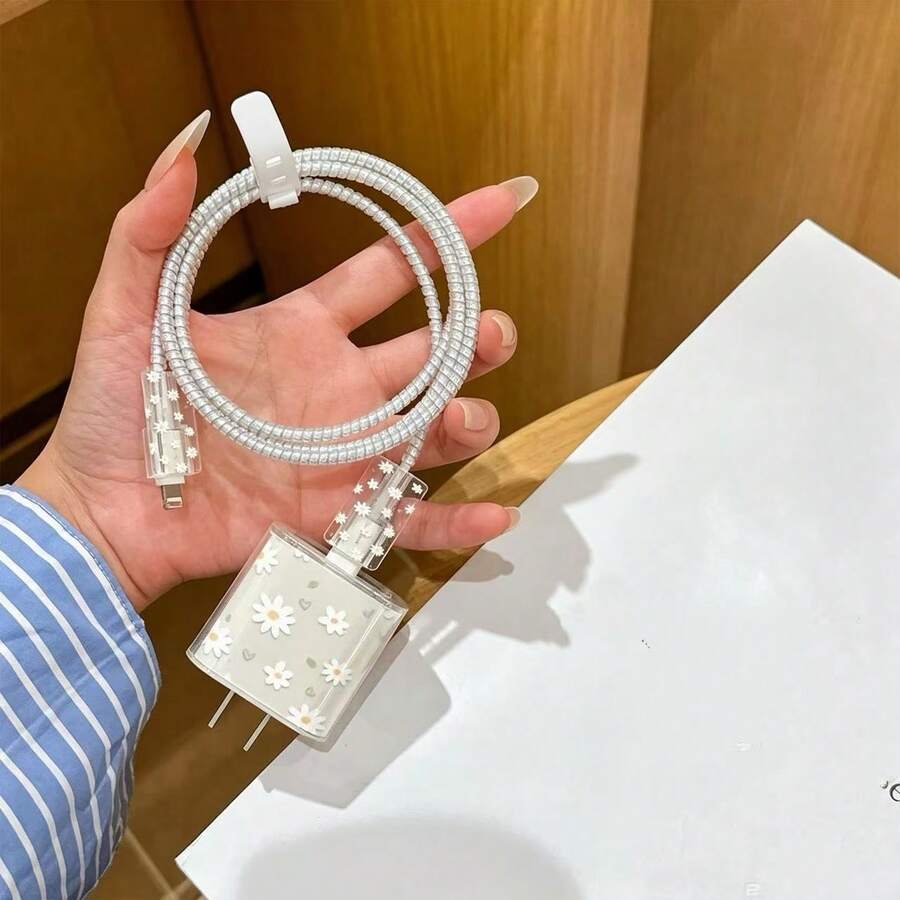 5入創意極簡花朵卡通手機數據線保護套,適用 14 Pro Max 充電線保護套,適用 13/12/11 充電線收納器,18/20W 快充頭防斷線收納器,男友/女友禮物 - 白色 - 查看 1