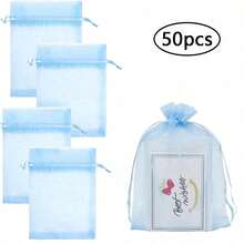 50pcs Organza Gift Bags, Jewelry Bags, Small Mesh Drawstring Bags, Wedding Favor Bags, Bracelet Bags, Transparent Packaging Bags For Jewelry And Small Gifts - Light Blue - View 2