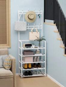 4-Tier / 5-Tier Independent Metal Shoe Rack (Material: Non-Woven Fabric), Can Be Used As Coat Rack, Multi-Functional Outdoor Storage Rack, Independent Hanging Clothes Rack, Multi-Tier Indoor Shoe Rack; Equipped With 8 Stainless Steel Double-Head Hooks, Shoe And Hat Combination Rack; 3-In-1 Space-Saving Storage Rack, Suitable For Bedroom, Living Room, Behind Door, Hallway, Can Serve As Coat Rack, Shoe Rack, Simple Portable Wardrobe, Luggage Storage Rack. - Multicolor - View 6