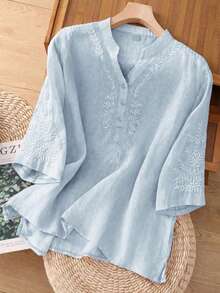 Women's Summer Autumn Elegant Vintage Artistic Casual 100% Cotton Solid Color Non-Positioned Embroidery Cotton Linen Loose Fit Daily Commute Blouse, Holiday Vacation Outing Versatile Cotton Embroidered Elegant Shirt, Commute Business Casual Office Tea Party Versatile Embroidered Blouse - Blue - View 10