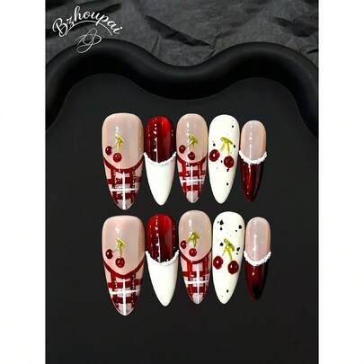 10Pcs/Set Long Almond Cherry Plaid Press On Nails With Glossy Nude Shimmer Base…