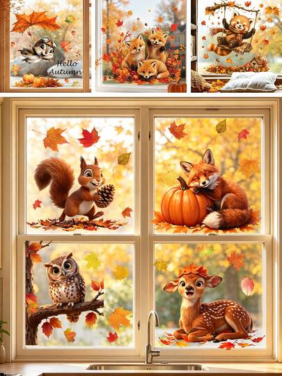 1/4 Sheets Autumn Fall Window Clings Static Decals,Woodland Animals Squirrel Fox Owl Deer , Reusable Window Stickers For Kids Room Nursery Home Decor