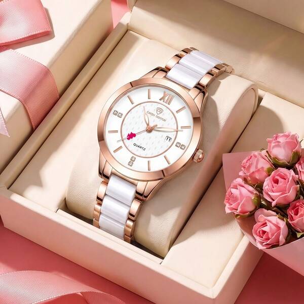 CTPOR 1pc Women's Elegant Rose Gold Stainless Steel Ceramic Bracelet Fashion Glowing Diamond Decor Waterproof Calendar Quartz Watch Business Gift Souvenir