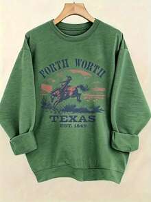 Women's Western Style Fort WorthTexasEST1849CowboyPatternHoodieSoftCrewNeckPulloverWith Cactus And Longhorn DesignComfortableCasualLongSleeve Sweater - 綠色 - 查看 2