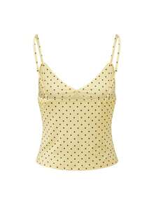 Women Polyester Polka Dot Spaghetti Strap Tank Tops Y2K Fairycore Lace Trim Corset Camisole V Neck Slim Cami Tops Cute Crop Tops Summer Going Out Top - 黃色-棕色波點 - 查看 5