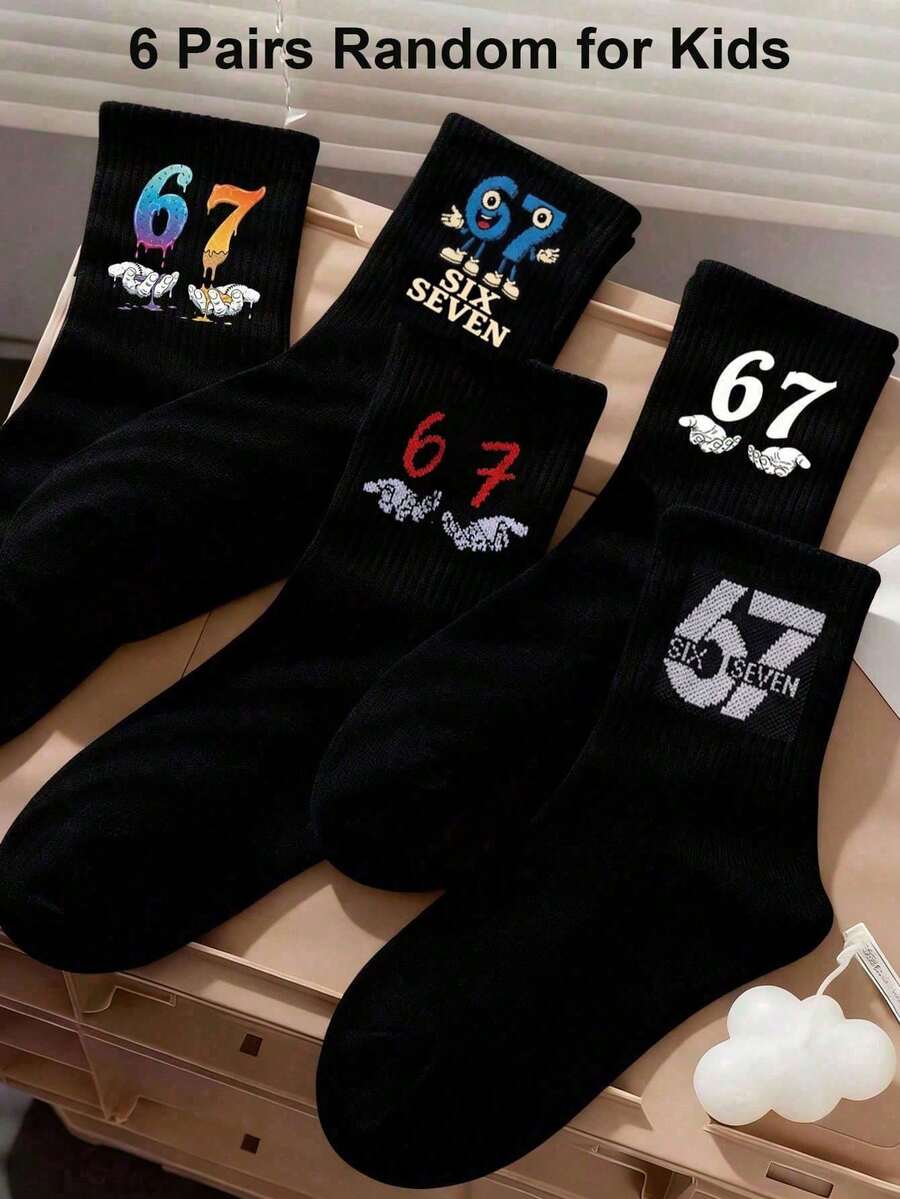 6双儿童黑色运动袜,67款趣味表情设计袜,6款7种手势图案趣味袜,适合儿童派对礼物,卡通中筒袜,学生户外运动袜,婴儿派对装饰礼物,夏季必备 - 彩色 - 查看 1