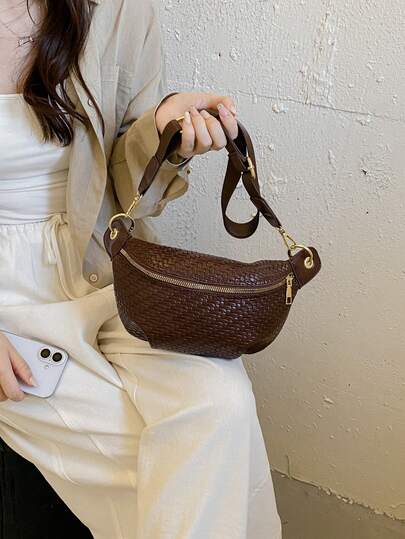 Chocolate Brown Woven Fanny Pack, Vintage Earth Tone Crossbody Sling Bag, Soft Casual Waist Purse For Daily Leisure Outing