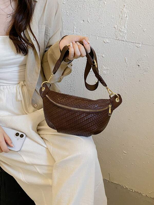 Chocolate Brown Woven Fanny Pack, Vintage Earth Tone Crossbody Sling Bag, Soft Casual Waist Purse For Daily Leisure Outing
