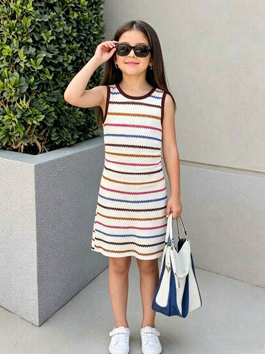 Girls' Sleeveless Fitted Dress, Round Neck With Multicolor Stripes, Suitable For Streetwear, Vacation Wear, Summer New Casual Young Girl' Dress - White - View 1
