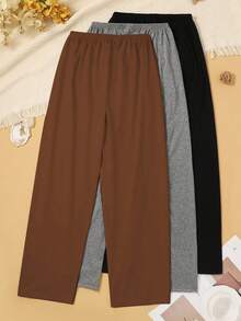 3pcs Women Plus Size Pajama Pants, Solid Color Straight Leg Lounge Pants, Suitable For All Seasons - Multicolor - View 2