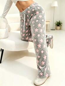 Calça Longa Feminina Plus Size de Flanela Grossa com Estampa de Estrelas Rosa, Cintura com Cordão, Perna Larga, Casual Esportiva, Calça de Descanso para Outono/Inverno - Cinza - Visão 5