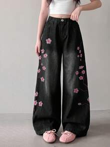 Tween Girl Black Denim Jeans Fashion New Cherry Blossom Embroidered Loose Wide Leg Casual Pants Suitable For Spring Summer Autumn Winter - Black - View 2