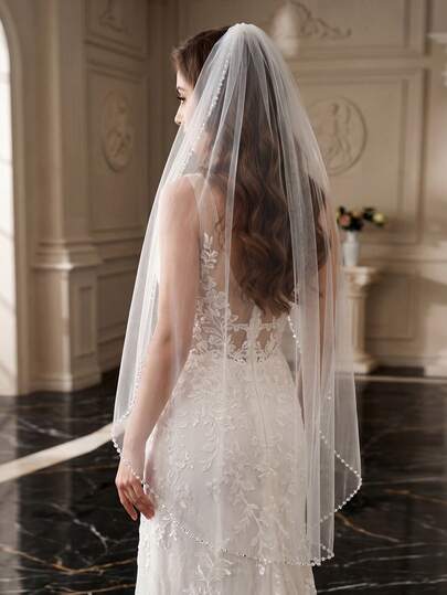 1pc Handmade Crystal Beaded Fingertip Length Bridal Veil, White Soft Tulle With Hair Comb, Wedding Photography Pre-Wedding Party Marriage Registration Accessory