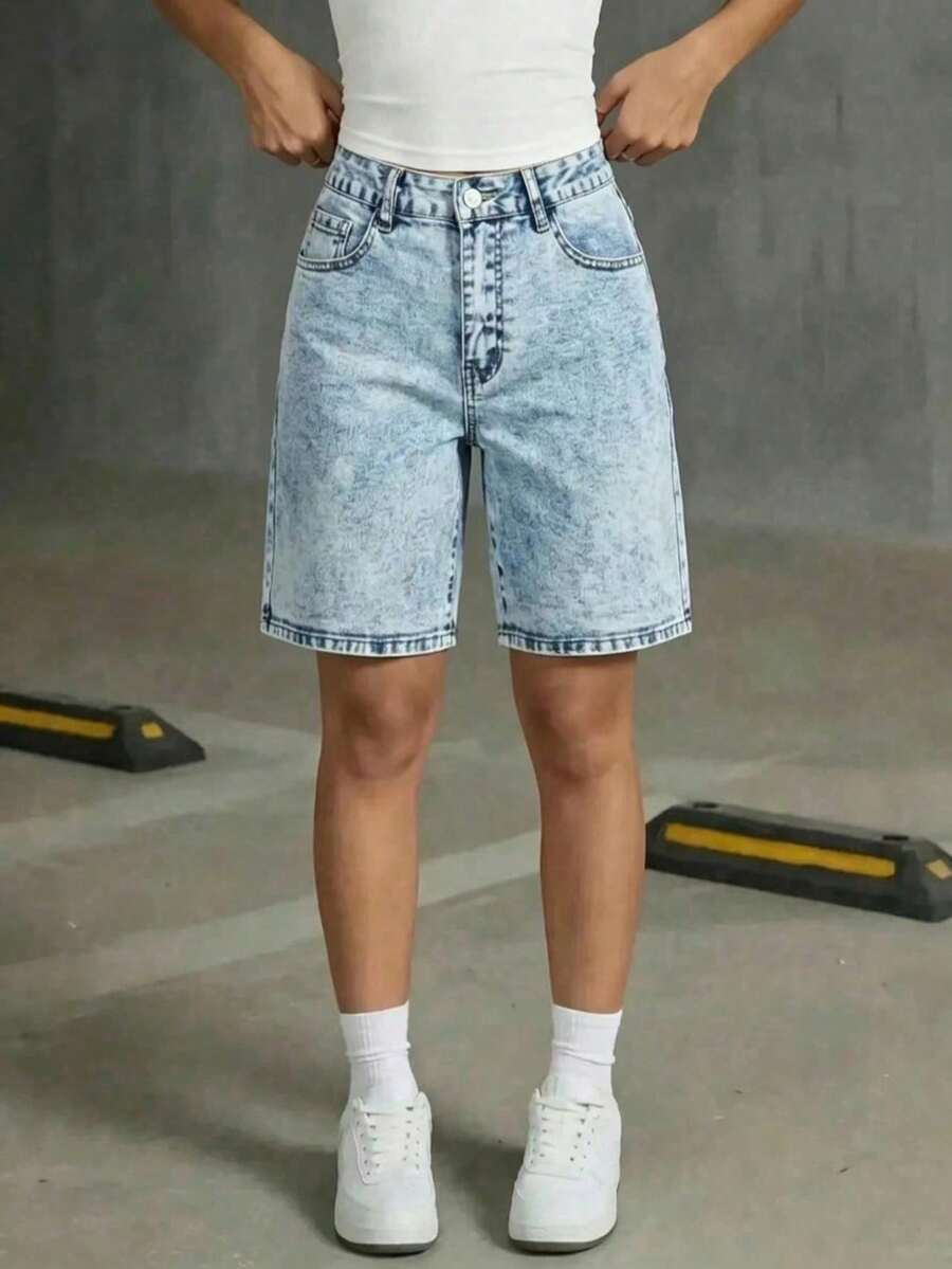 青少年女孩休閒淺藍色鈕扣口袋牛仔短褲 - 淺色水洗藍 - 查看 1