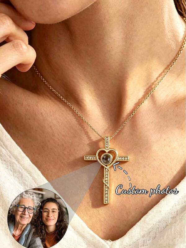 Collar con cruz personalizado con foto, collar con proyección de cruz personalizado con foto en el interior, regalo conmemorativo, collar para madre, regalo para abuelos, moda primavera 2026