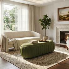 Upholstered Ottoman, Oval Shape - Olive Green + Boucle + Foam + Solid Wood+MDF1 - View 2