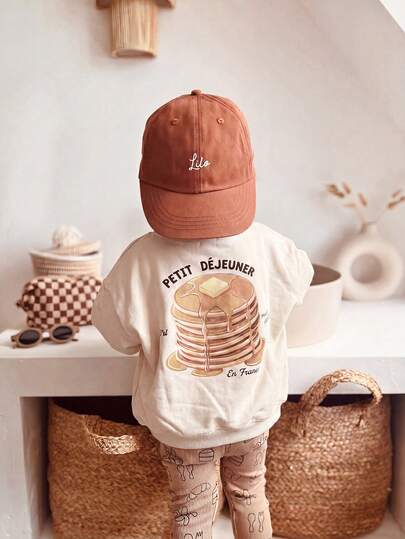 1pc Young Boy Round Neck Sweatshirt French Pancake Butter Hand-Painted French Print Loose Fit Spring Autumn Daily Casual Wear Light Apricot Healing Versatile Kids Clothing