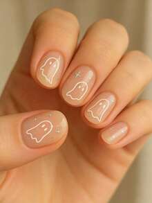 Uñas postizas con estampado de calavera mate, pegatinas de uñas de calavera rosa nude suave y negro sexy para Halloween, uñas postizas con cabeza de calavera rosa y negro - Albaricoque - Ver 6