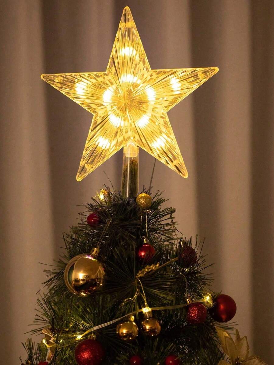1pc Christmas Tree Topper, 5.9 Inch Warm White LED Tree Top Star, Suitable For Holiday Decoration, Room Decoration, Home Decoration, Office Decoration, Theme Party Decoration, Christmas Decoration, Battery Powered (Battery Not Included) - Star 2 - View 1