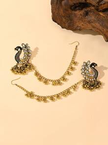 優雅水鑽耳環鍊，傳統中東風格 Jhumka 配鈴鐺流蘇鍊，適合女性婚禮或派對穿著 - 孔雀形狀 - 查看 9