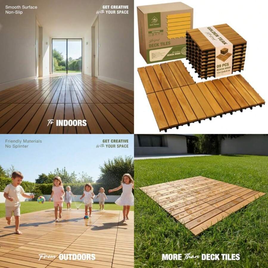 Premium Acacia Wood Interlocking Deck Tiles, 9 PCS 12"X12"X0.9" Floor Tiles, Waterproof Wood Flooring For Backyard And Outdoor Patio Decor, All Weather Use Striped Pattern - Natural Wood - View 1