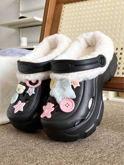 Pantuflas de felpa cerradas para otoño/invierno, nuevas, versátiles y de moda, con forro térmico, perforadas, suela gruesa que aumenta la altura, cálidas, cómodas y casuales para interior/exterior