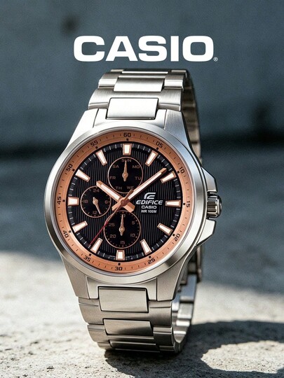 CASIO EDIFICE Two-Tone Silver Rose Gold Round Chronograph Black Dial Stainless Steel Band 100M Waterproof Men's Business Watch EF-342DY-1A5V