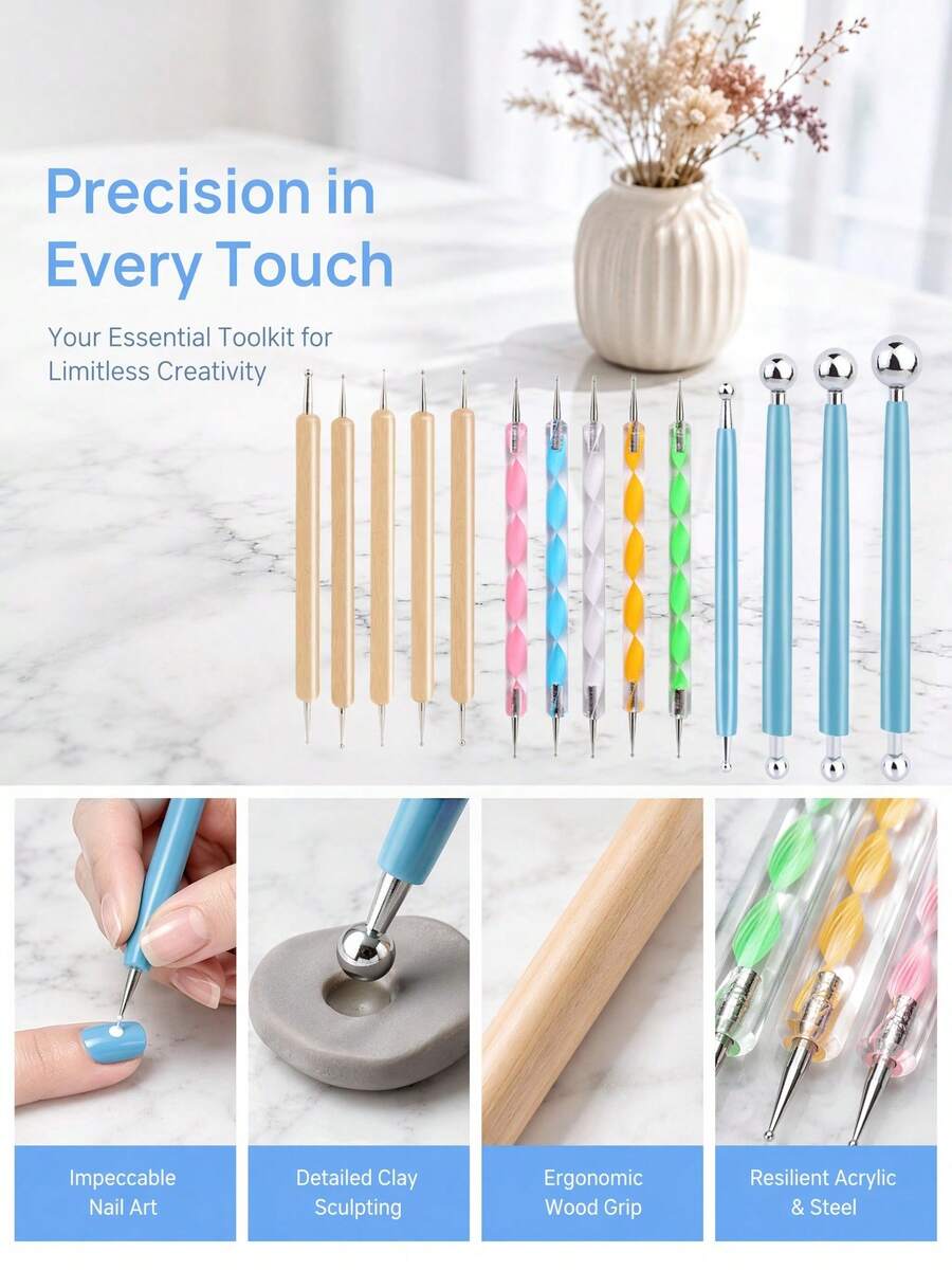 14Pcs Dotting & Indentation Tools Set Double Ended Stainless Steel For Clay Nail Art Rock Painting Artists Hobbyists - Multicolor - View 1