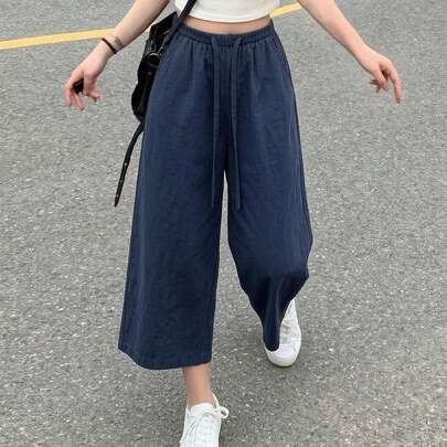 レディース 9/10丈 ワイドレッグパンツ、夏新作 ウエストゴム ドローストリング 軽量 通気性、ルーズ、ゆったり 多用途 カジュアルパンツ、日常着に適しています