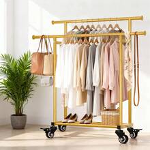 EDIMENS Sturdy Clothes Rack With Shelf, Freestanding Metal Garment Rail, Double-Bar For Space-Saving Storage Of Clothing, Shoes, Hats, And Accessories - Emas - View 7