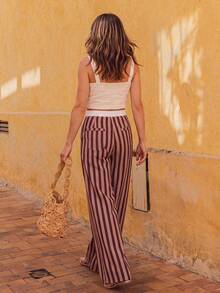 Pantalones de pierna ancha a rayas de cintura alta para mujer, estilo bohemio, pantalones largos de pierna ancha fluidos para vacaciones de verano - Multicolor - Ver 8