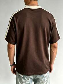 夏季男士百搭時尚撞色簡約英文字母印花飛機領寬鬆短袖T恤 - 棕色 - 查看 2