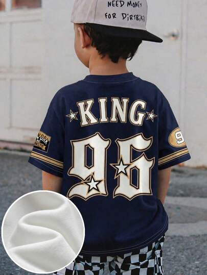 1pc Young Boys Navy & Gold #96 King New York Brooklyn Jersey Short Sleeve Design, Summer Casual Fashion Print Crew Neck Versatile T-Shirt, Soft & Skin-Friendly, Suitable For Boys And Children, Boys Clothing Pattern Top