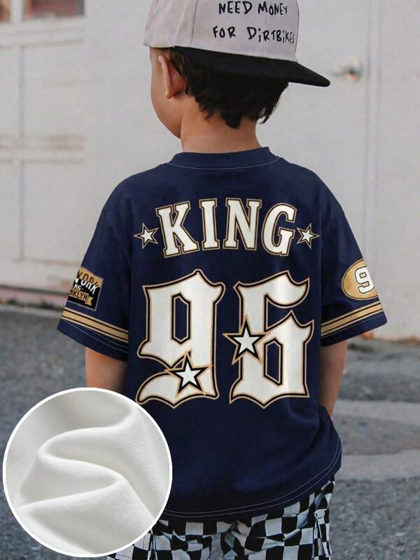 1pc Young Boys Navy & Gold #96 King New York Brooklyn Jersey Short Sleeve Design, Summer Casual Fashion Print Crew Neck Versatile T-Shirt, Soft & Skin-Friendly, Suitable For Boys And Children, Boys Clothing Pattern Top