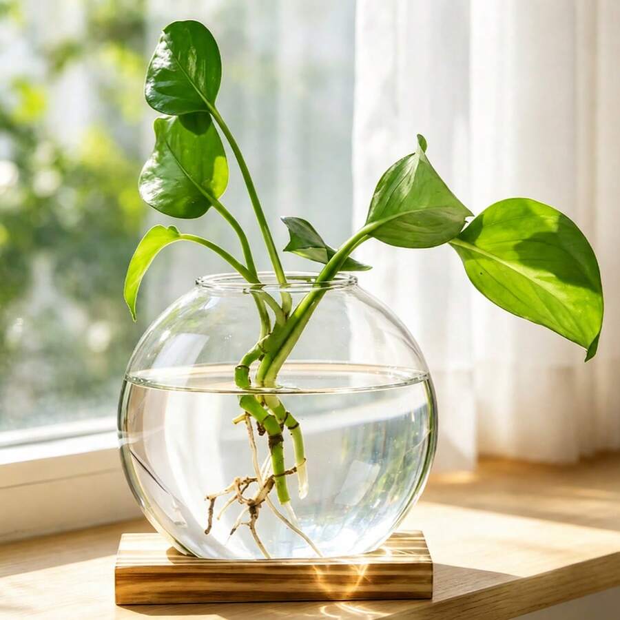 2pcs Desktop Round Glass Planter With Wooden Stand, Suitable For Small Hydroponic Plant Propagation, Home Office Decor, Brown Home Decor Room Decoration Glass Vase