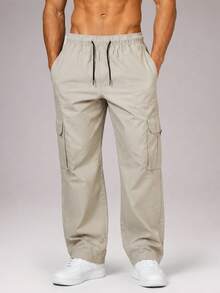 CZRLHYT Men's Solid Color Sporty Woven Wide Leg Pants With Zipper Pockets, Suitable For Outdoor Activities, Fitness And Casual Wear - Apricot - View 1