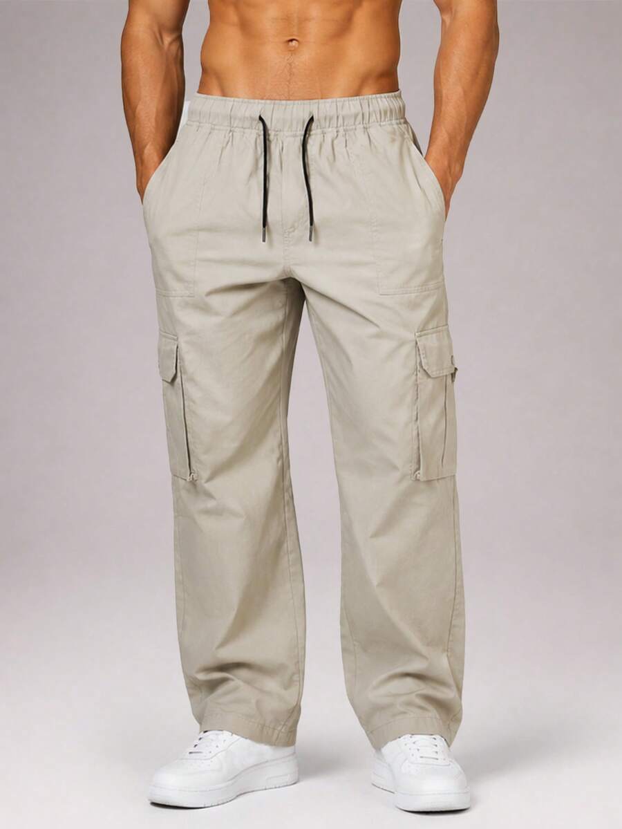 CZRLHYT Men's Solid Color Sporty Woven Wide Leg Pants With Zipper Pockets, Suitable For Outdoor Activities, Fitness And Casual Wear - Apricot - View 1
